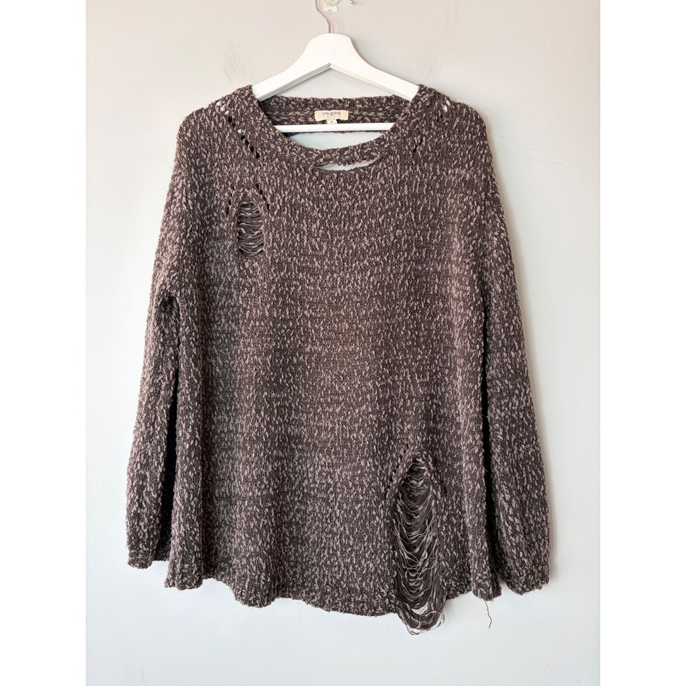 Umgee‎ USA Women's Distressed Oversized Knit Sweater Brown Mauve Boho A5077 Med